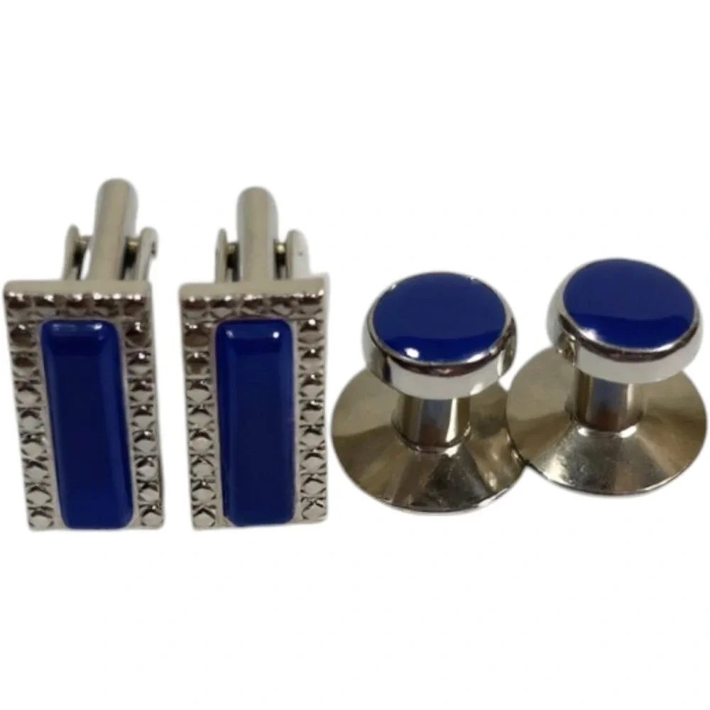 Cufflinks and Studs Set Blue Silver Tone Formal Textured